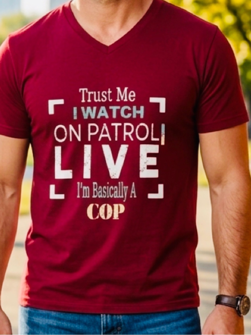 Men's Red V-Neck 'Trust Me I Watch Live' Graphic Tee